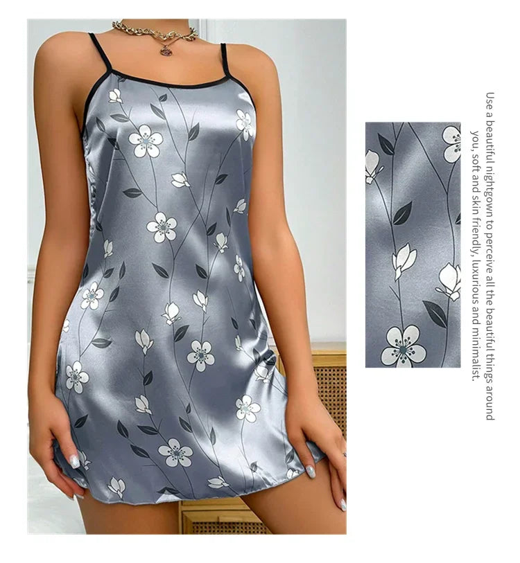 Ladies Sexy Sling Nightgown Nightdress Women's Sexy Lingerie Silk Satin Sleepwear Floral Pinting Nightwear Homewear Mini Dress