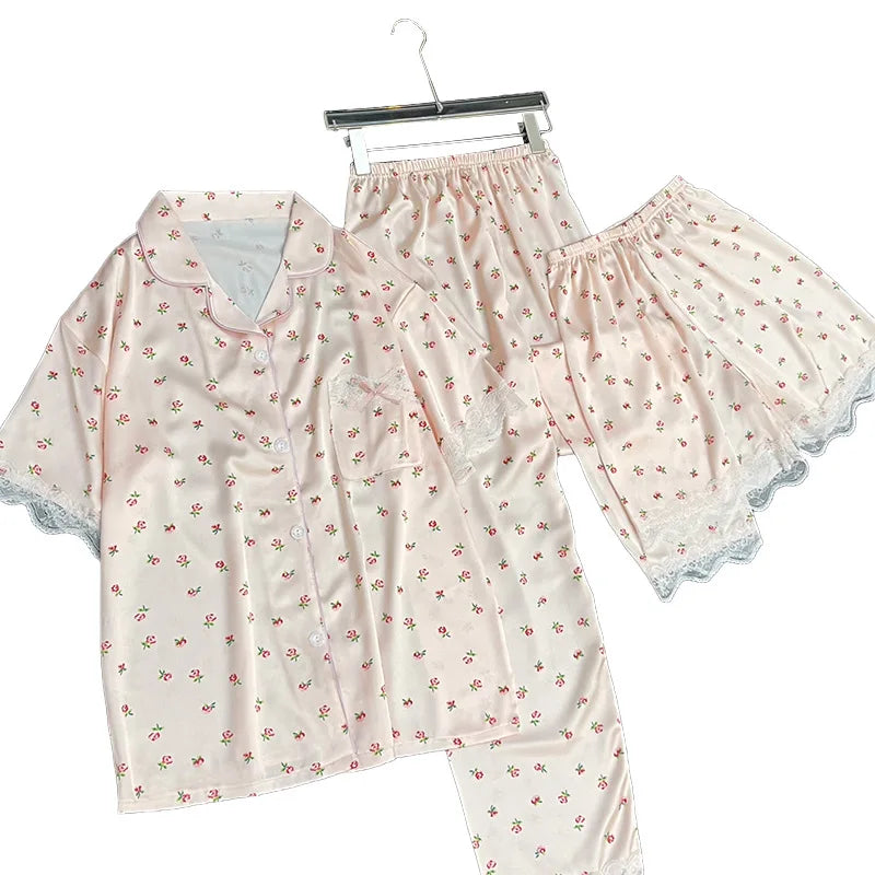 Sweet Floral Ins-Style Ice Silk Pure Desire Girl Pajamas Short-Sleeve Three-Piece Set Summer Satin Lace-Trimmed Loungewear