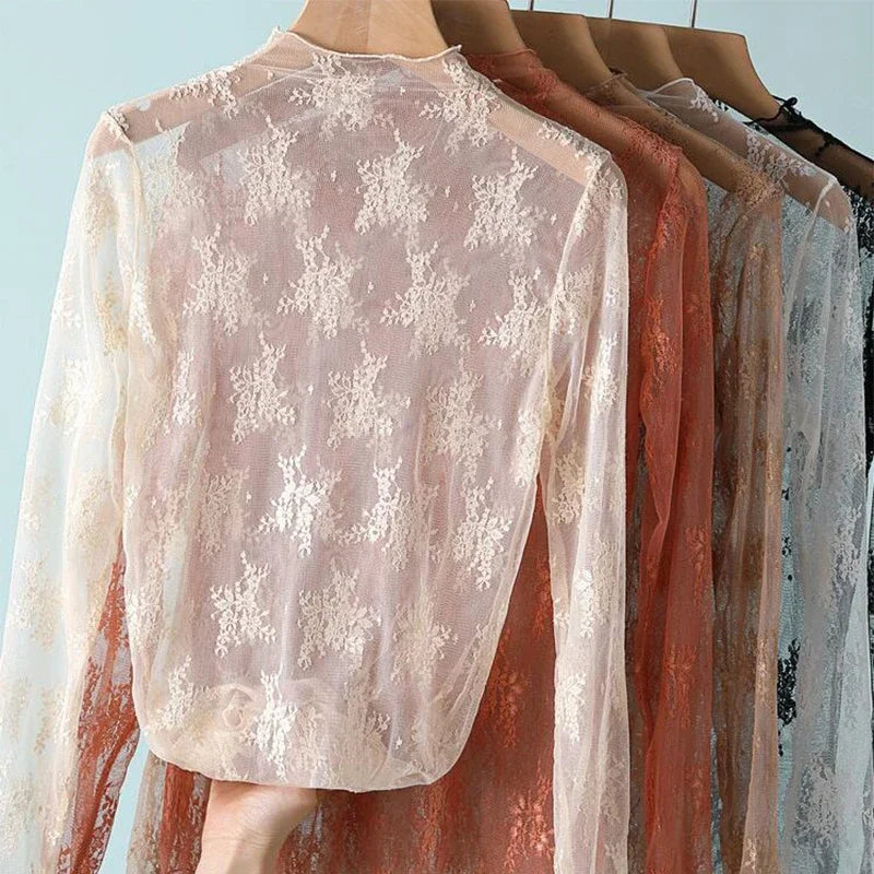 Sexy Floral Lace and Mesh Ruffle Nightgown Woman Sleep Tops Nightie Turtleneck Mesh Layering Top Y2k Floral Tee Shirts Blouse