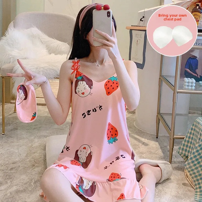 New with Bra Pad, Free Eye Mask, Sling, Loose and Cute Cartoon Animal Pajamas, Nightgown Role-playing Sleepwear Women
