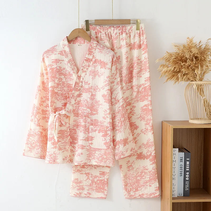 Spring /Autumn Chinese Style Pajamas for Women Cotton Gauze Lace-up Long-sleeved Pants Elegant Home Clothing Kimono Home Clothes