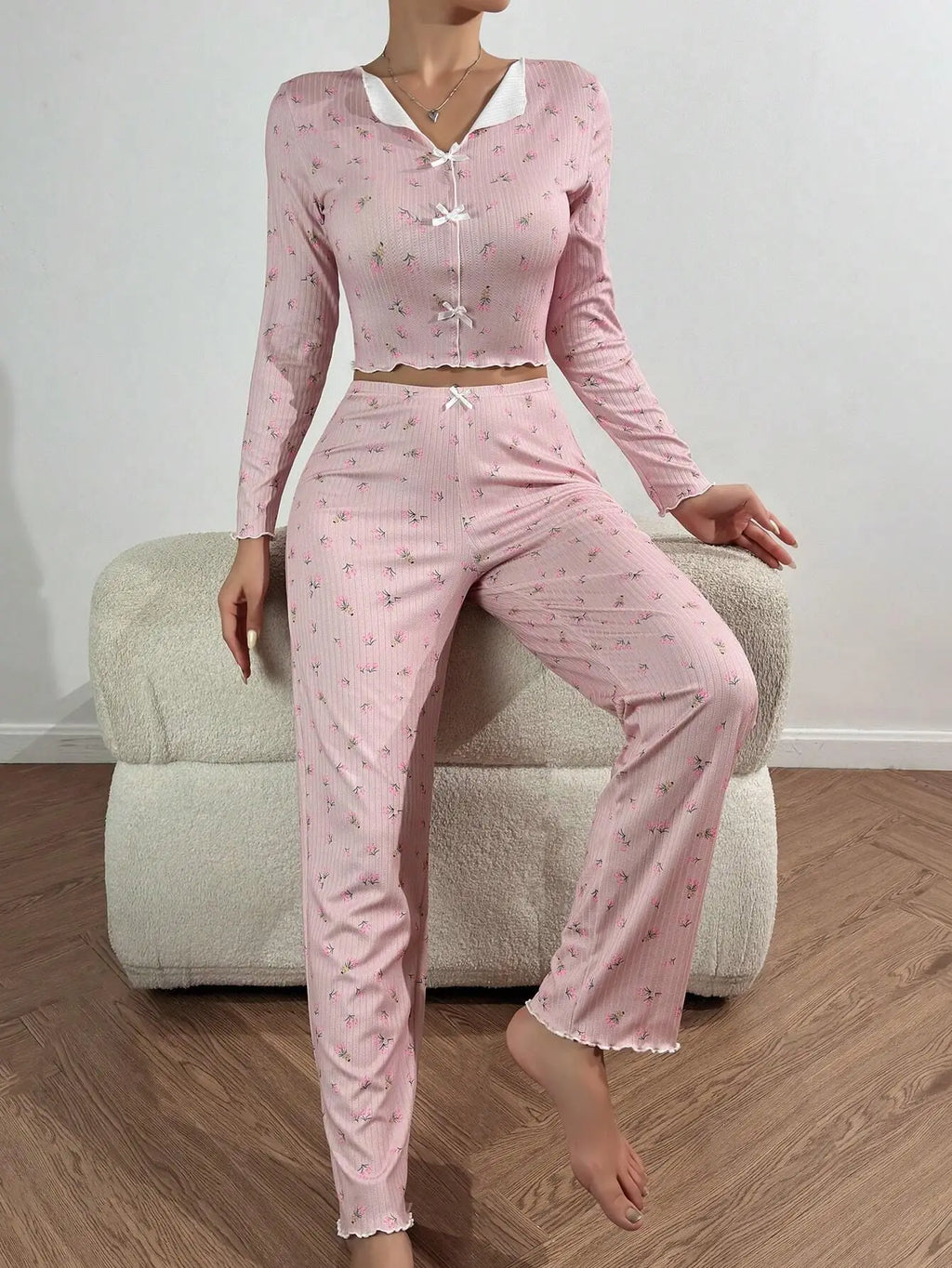 Y2K Cute Floral Ribbed Pajama Set Womens Long Sleeve V Neck Two Piece Sleepwear Homewear Autumn Winter Bow Lettuce Trim New Hot