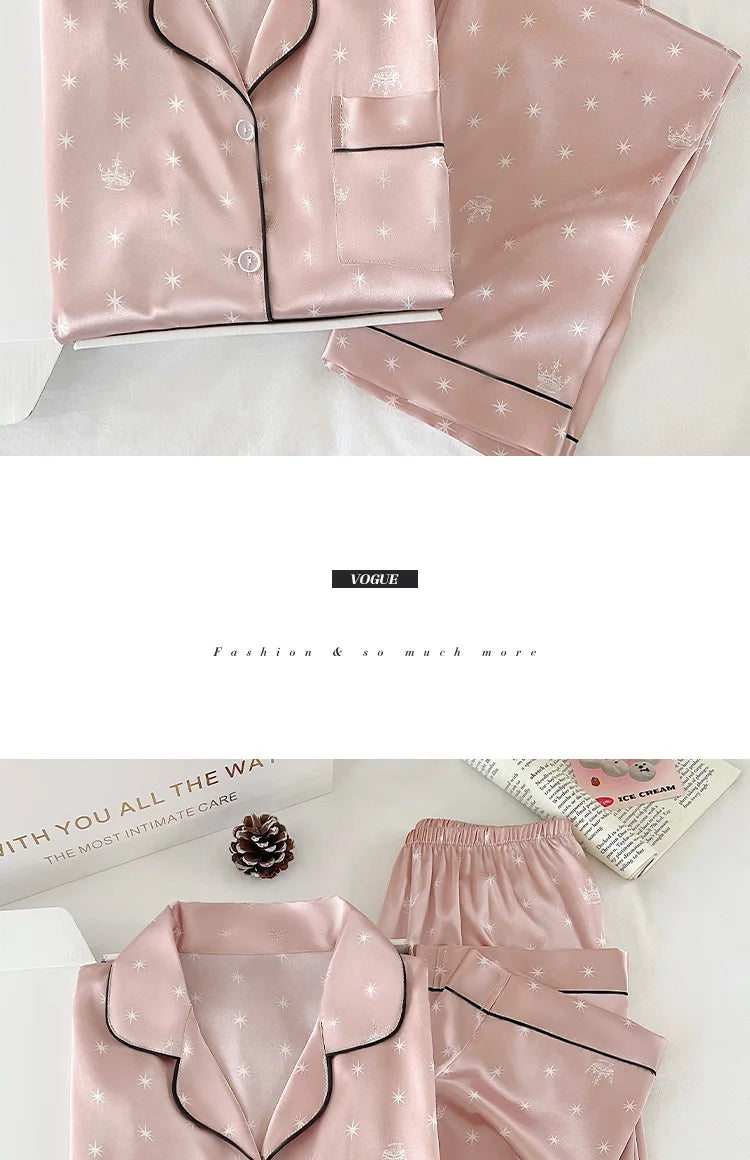 New Japanese-Style Sweet Girl Floral Print Ice Silk Pyjama Set Women's Spring/Autumn Long-Sleeved Top and Trousers Homewear Set
