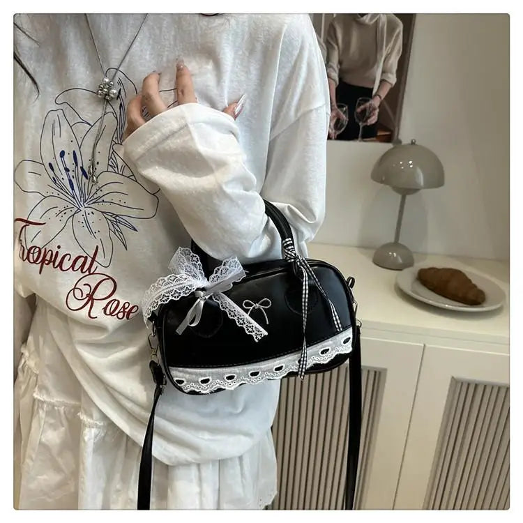 Simple Elegant Handbag Boston Shoulder bag Lace Ribbon Bow Decor Crossbody Bag Small Square Bag Casual Women Bags ﻿