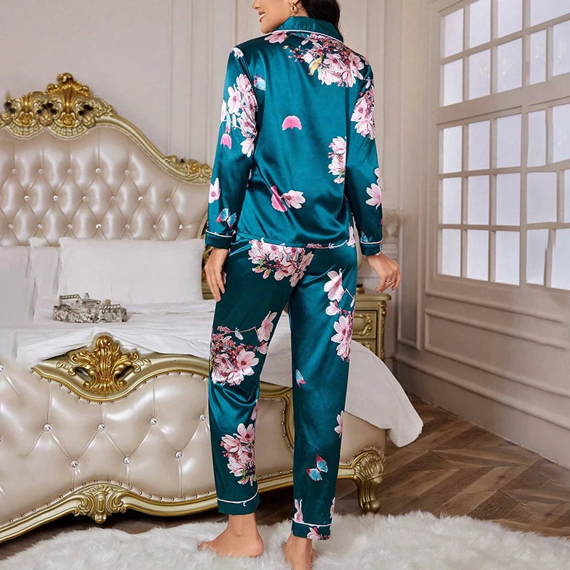 Pajamas For Women's Floral Print Long-Sleeved Sleepwear Button Down 2 Piece Soft Loungewear Pjs Set Pajama Pants Homewear