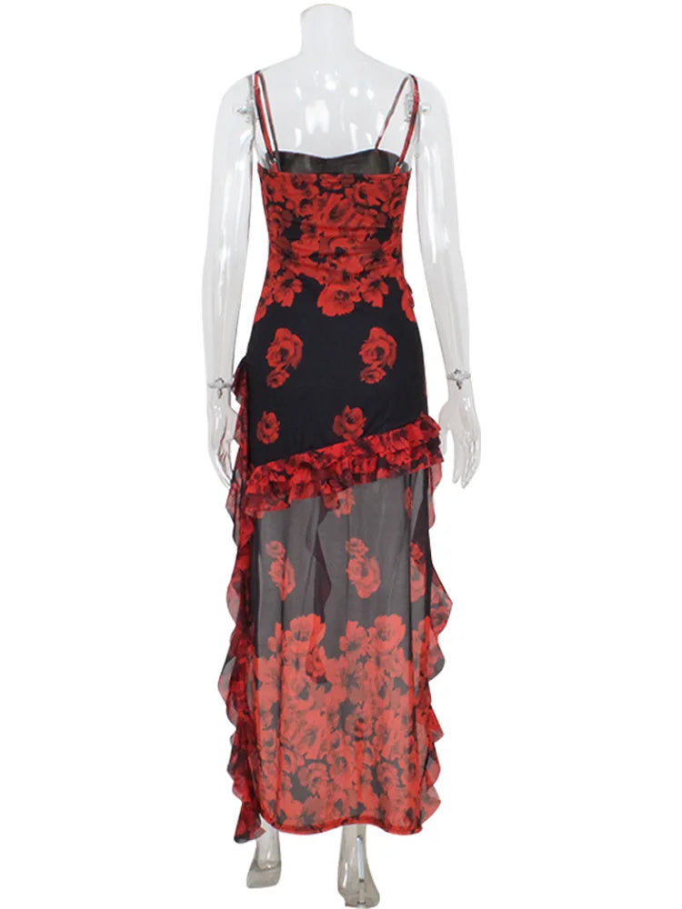 Ahagaga 2025 Summer Fashion Women's Straps Dresses Print Asymmetrical Chiffon Floral Streetwear Skinny Trailing Yk2 Vestidos