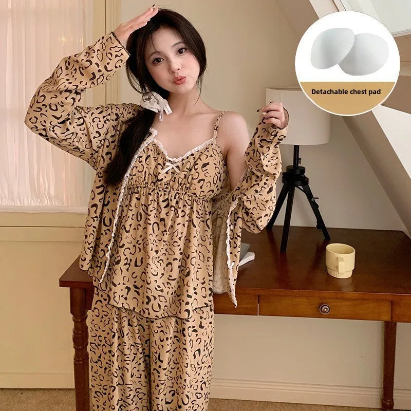 Three-Piece Set of Women Pajamas with Chest Pads Small Floral Suspender Pajamas Ladies Long-Sleeved Trousers Sling Nightwear