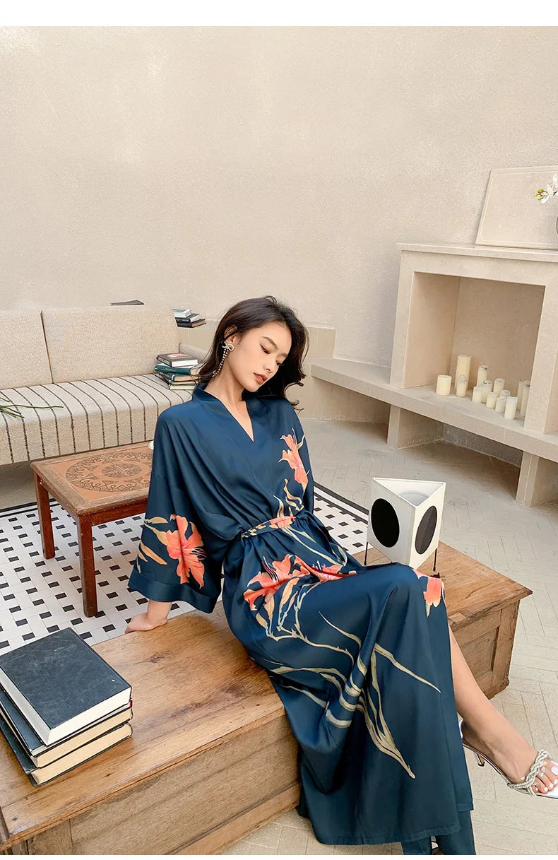 New Spring Summer Female Long Robe Nightgown Sexy Print Flower Kimono Bathrobe Gown Casual Silk Satin Home Dress Lounge Wear