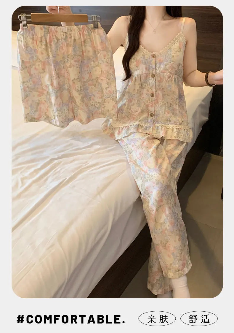 Women's Sleepwear Korean Version Floral Sleepwear Women's Summer Thin Design with Chest Cushion Cloud Cotton Suspender Pants