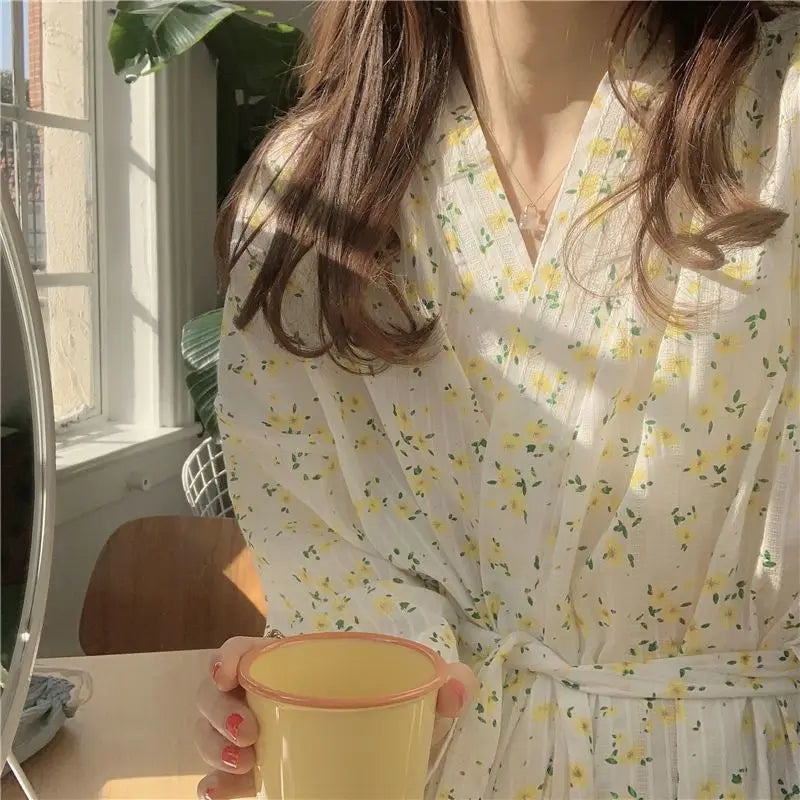 Korean Style Floral Pajamas Spring and Summer Sweet Bow Tie Pajama Girl Long Sleeved Trousers Student Dormitory Home Clothes Hot
