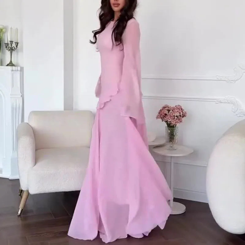Robes for Woman Elegant O Neck Solid Ruffles Party Pleated Dress Spring Autumn Flare Sleeve Tie-up Slim Female Clothing Vestidos