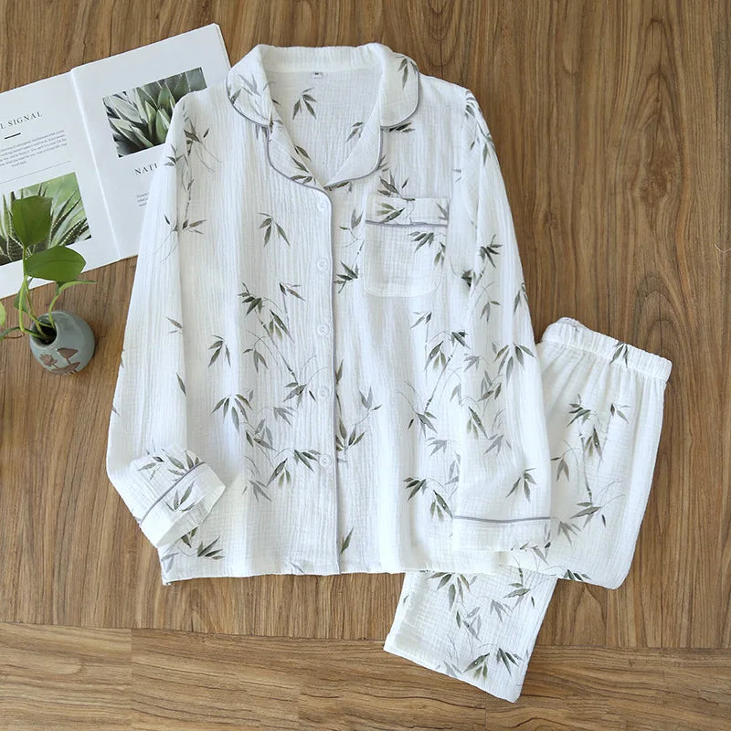 2026 Spring and Autumn Women's Pajama Set 100% Cotton Crepe Long sleeved Pants Two piece Cute and Sweet Home Fury Set Ladies