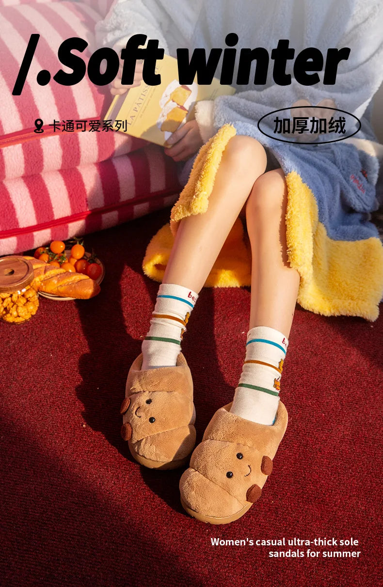 Cute Cartoon Fluffy Slippers For Women Men Winter House Shoes Furry Croissant Bread Style Anti-slip Couples Home Cotton Slides
