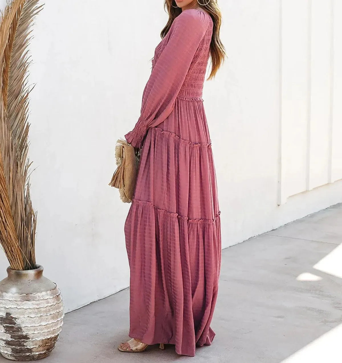 Long Dress Women Vintage V Neck Long Sleeve Dresses Loose Y2k High Waist Shirring Casual Summer Loose 2025 Elegant Slight Strech