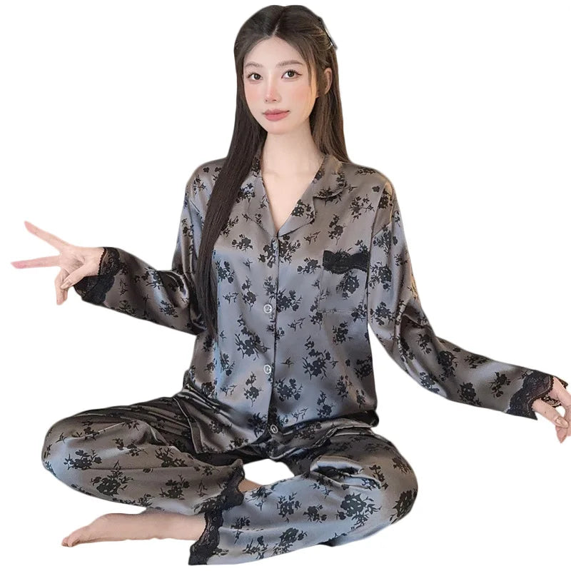 Spring New Women's Long Sleeved Ice Silk Sleepwear Home Suit Set with Floral Lace Loose Sleepwear Home Suit Long Sleeved Set