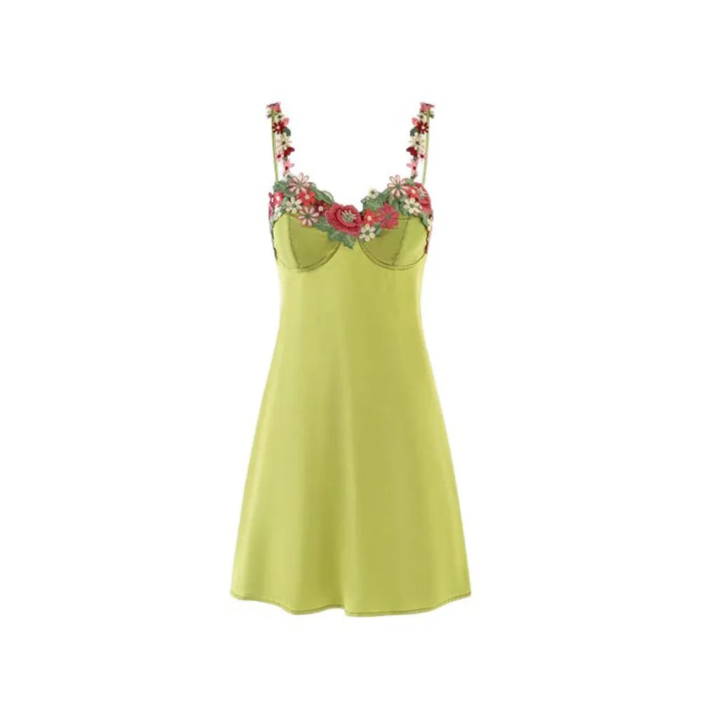 Flower Embroidery Women's Pajama Dress Sleeveless Thin Satin Silk Suspender Nightdress Sleepwear Beauty Back