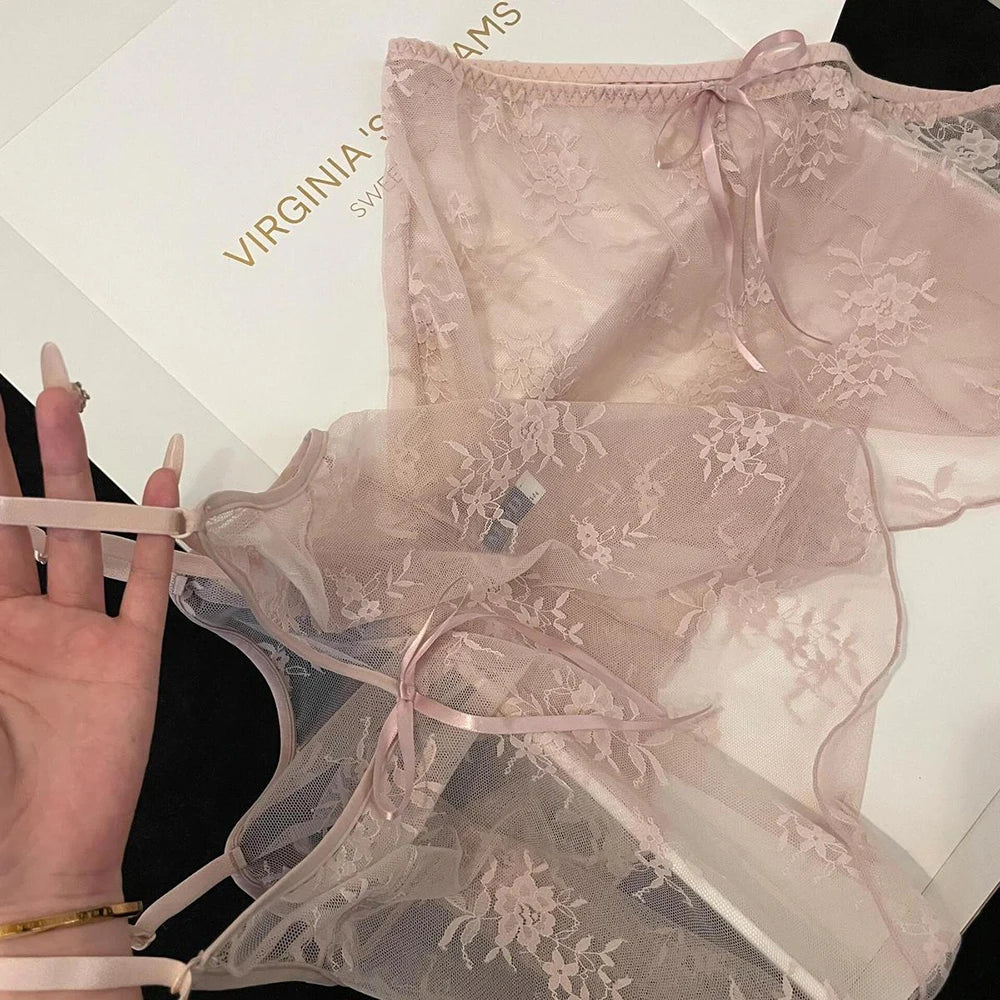Women Harness Pajama Suspender Shorts For Women Sexy Sheer Pajamas Set Lingerie Pyjamas Shorts Set Perspective Lace Sleepwear