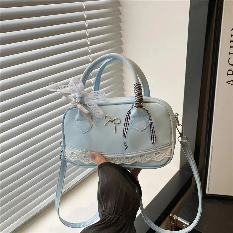 Simple Elegant Handbag Boston Shoulder bag Lace Ribbon Bow Decor Crossbody Bag Small Square Bag Casual Women Bags ﻿
