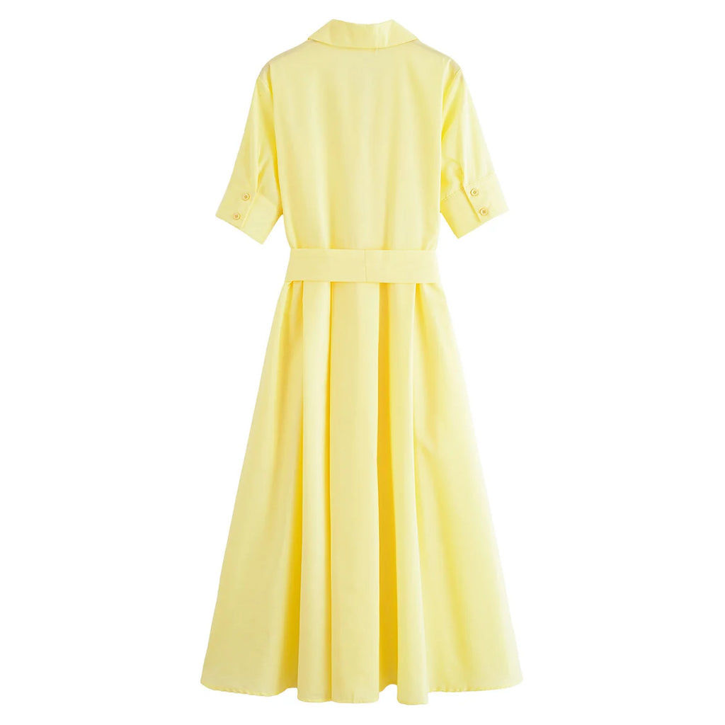 HH Women Summer Lapel Short Sleeve Pocket Single-Breasted Belt Decorate Midi Dress Female Fashion Shirt Style Pleated Dress