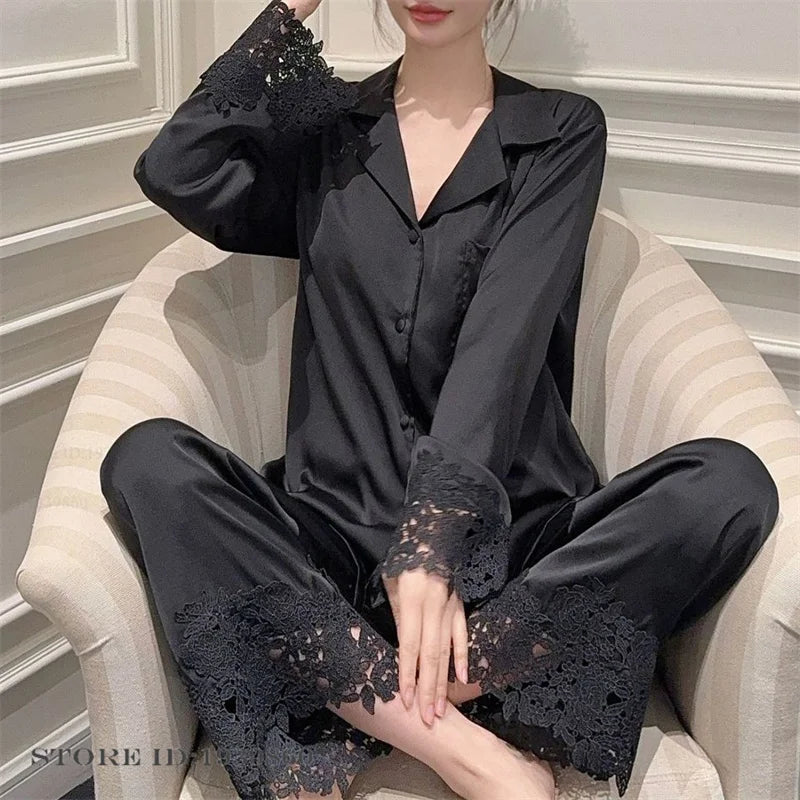 Female Pajamas Set White Satin Lace Trim Bride Wedding Sleepwear Gift Homewear Sexy Loose Long Sleeve Trouser Suit Loungewear