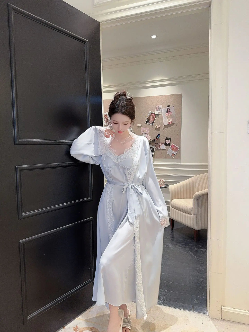 2025New Long Sweet Blue Robe Set Women Elegant Bathrobe Rayon Kimono Sexy Lace Floral Home Dressing Gown Princess Loungewear