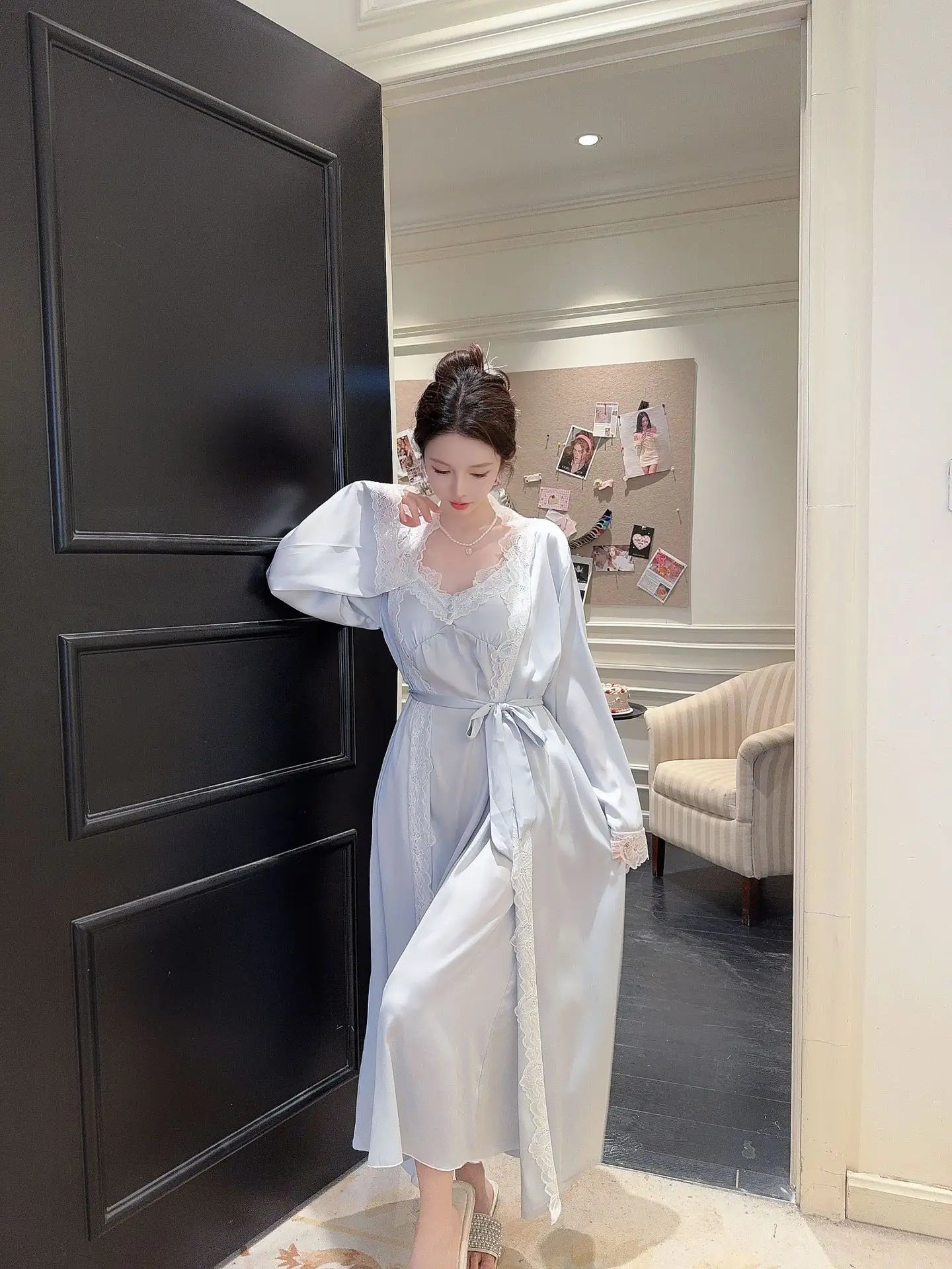 2025New Long Sweet Blue Robe Set Women Elegant Bathrobe Rayon Kimono Sexy Lace Floral Home Dressing Gown Princess Loungewear