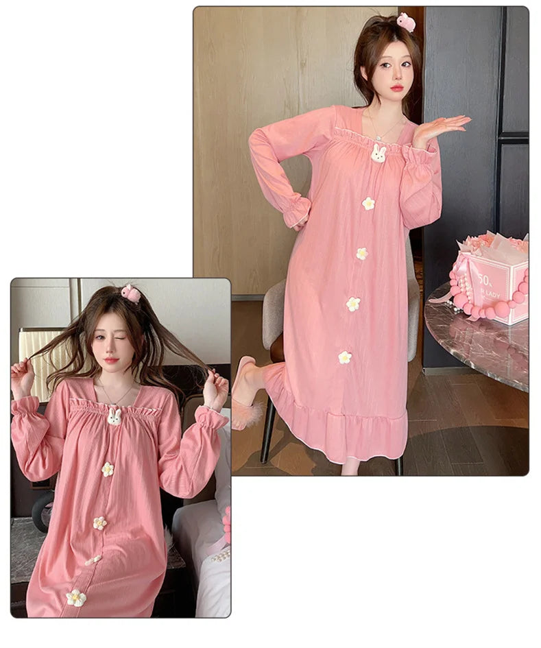 Autumn Winter New Women Cotton Nightdress With Chest Pad Long Dress Sweet Loose Long Sleeve Home Wear