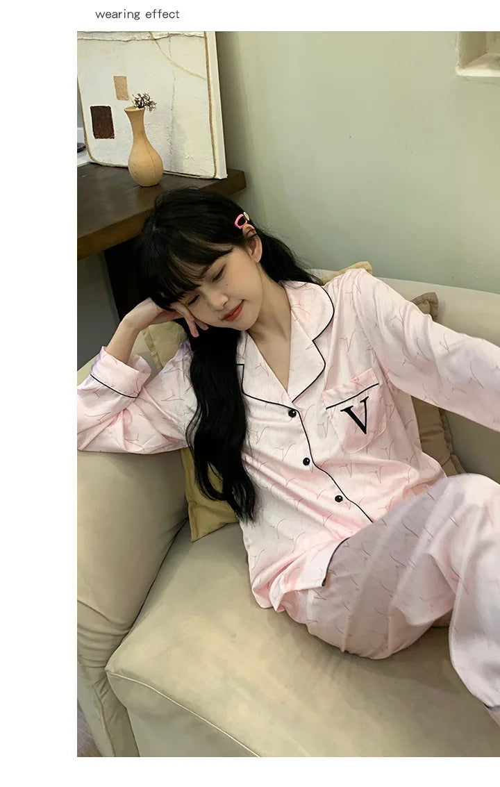 Elegant Silk Satin Women Pajamas Set Lounge Wear Sexy Lingerie Long Sleeve Trouser Pijamas Suit Loose Casual Sleepwear Homewear