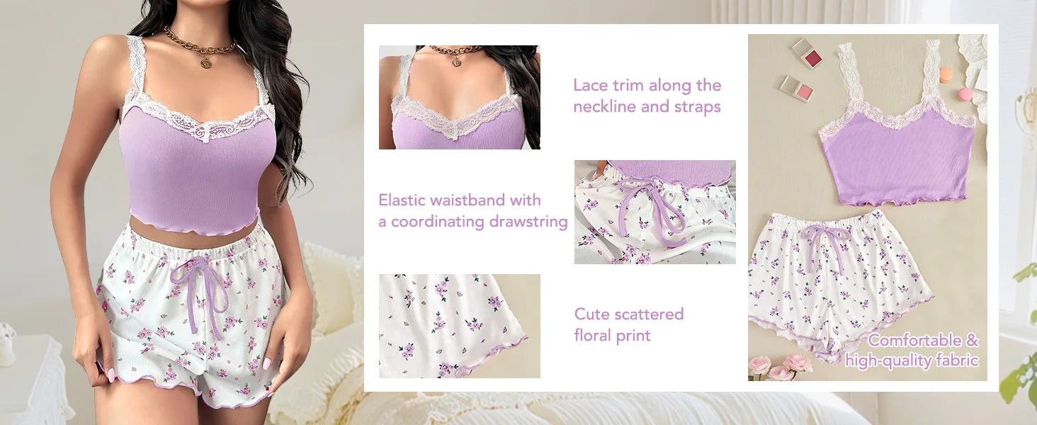 Women’s Lace Trim Cami & Floral Shorts Pajama Set, Soft Ribbed Two-Piece Sleepwear, Sexy Summer Loungewear Nightwear Outfit