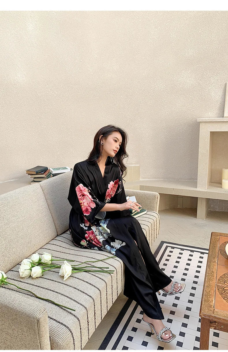 New Spring Summer Female Long Robe Nightgown Sexy Print Flower Kimono Bathrobe Gown Casual Silk Satin Home Dress Lounge Wear