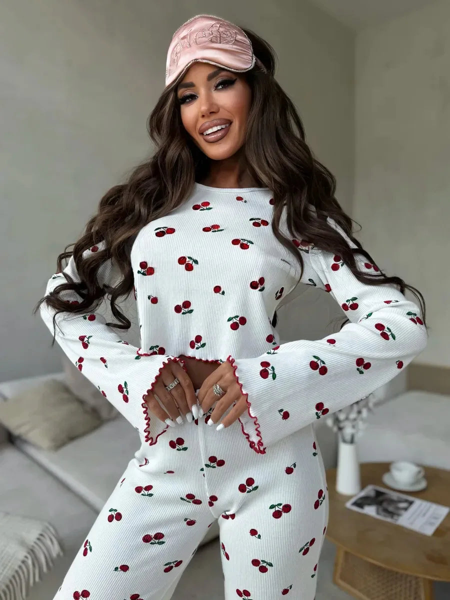 Autumn Winter Pajama Set Women 2pcs Y2K-Style Cherry Print Cuffed-Long-Sleeve Tops and Long Trousers Sleepwear Homewear