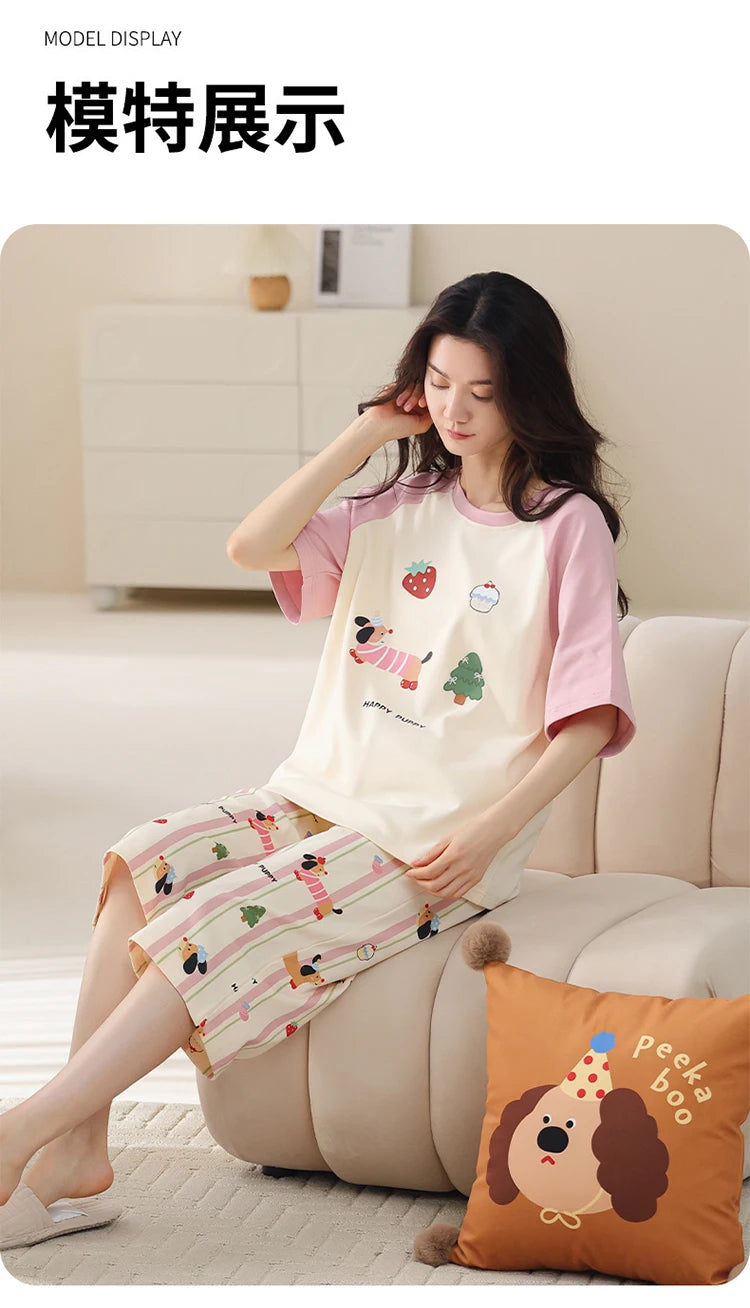 MiiOW 2Pcs Summer Women's Pajamas Set Cotton Short Sleeve Woman Homewear Cute Pink Patchwork Print Girls Pajamas Woman Sleepwear
