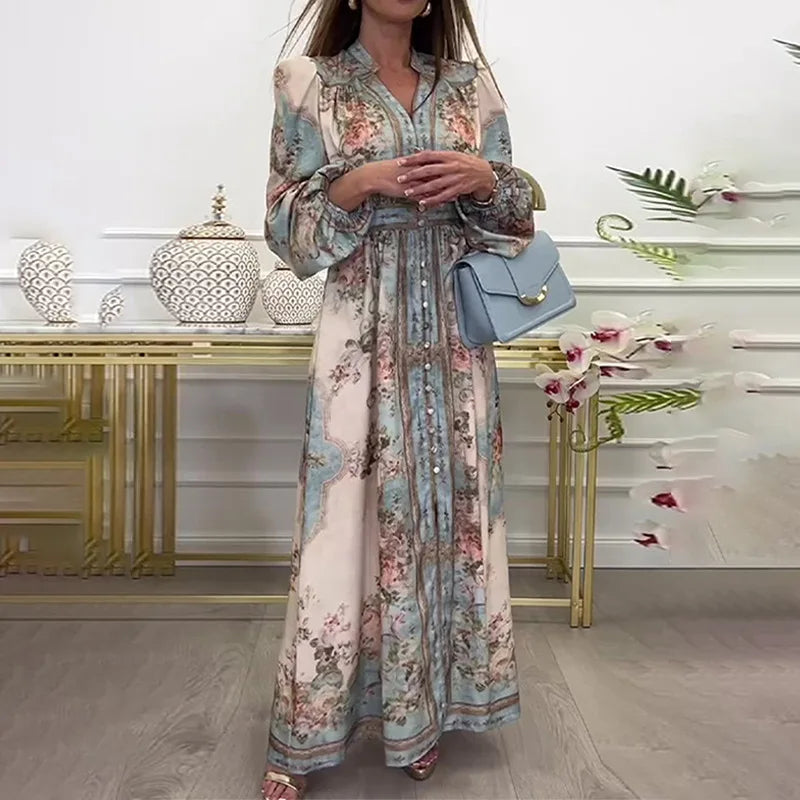 Womens Boho Floral Print Long Sleeve V Neck Button Front Belted Maxi Dress Casual Summer Beach Vacation Long Dress