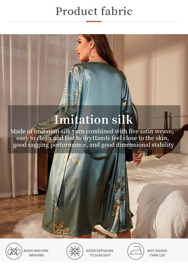 2025New Silk Kimono Robe for Women Floral Print Long Sleeve Lightweight Sexy Sleepwear Lace Up Bathrobe