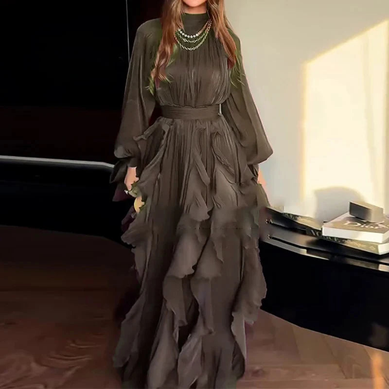 Fashion High Waist Pleat Party Dress Lady Casual High Collar Layered Banquet Dress Elegant Long Sleeve Solid Color Evening Dress