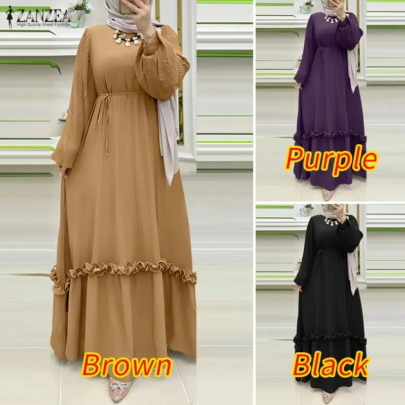 ZANZEA Modest Hijabs Abaya Long Dresses Women Muslim Ramadan O-Neck Pleated Lantern Sleeve Solid Color Ruffles A-Line Robes 3XL