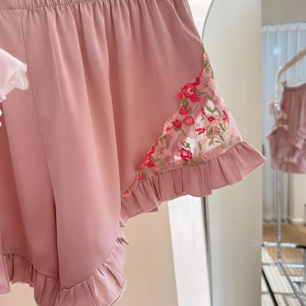 French Style Pink Lace Trim Home Clothes Ice Silk Sleepwear Hollow Out Lace Floral Nightwear Princess Sweet Pijama Mujer