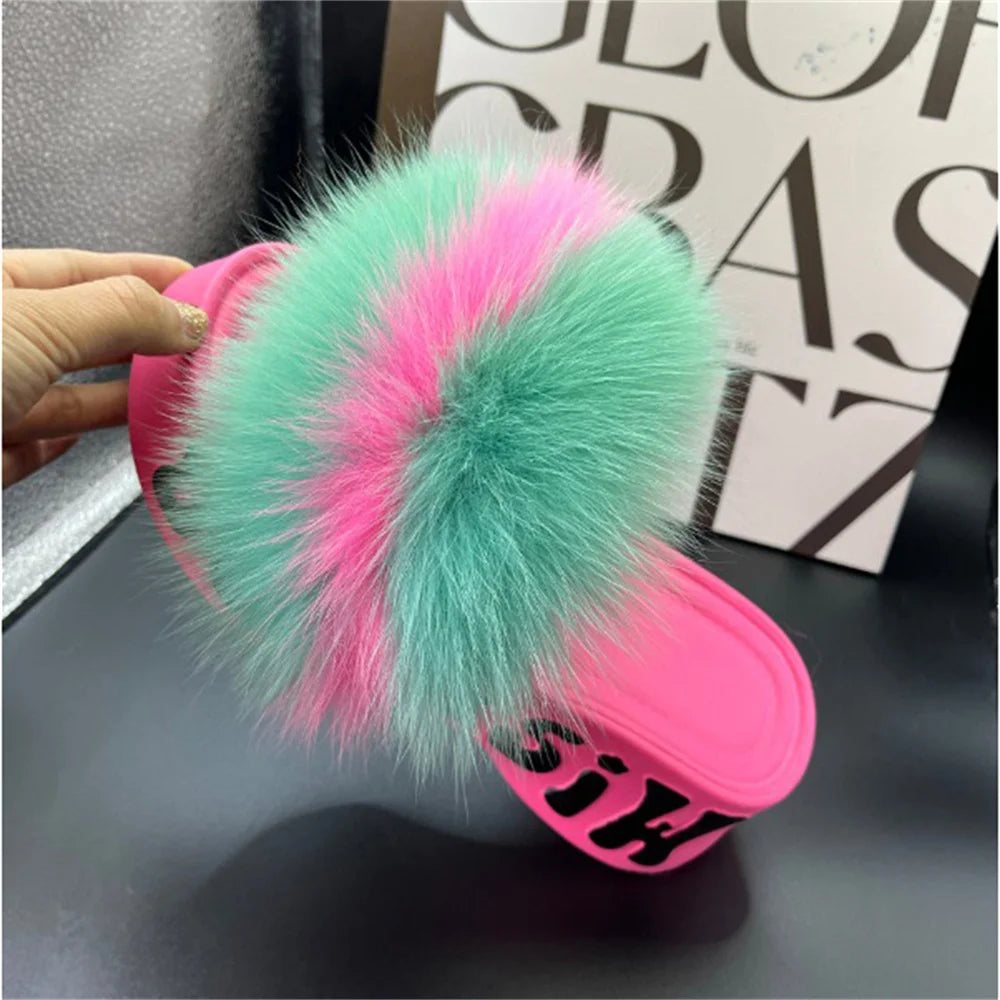 Comfortable Fluffy Fur Shoes For Woman 2026 Summer Sandals Luxury Designer Real Fox Fur Slippers Women Fashion Beach Flip Flops