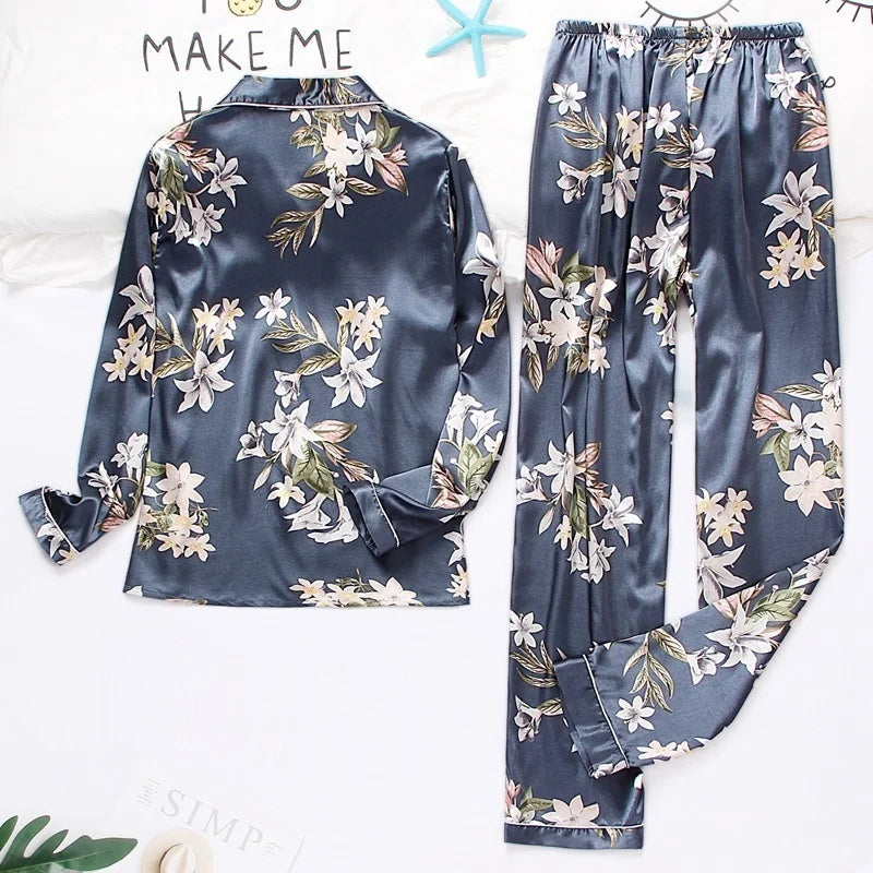 Spring Autumn pajama women Silk Satin pajamas set Long sleeve Shirt with Trouser Sleepwear Loungewear Female Pyjamas Suits Mujer