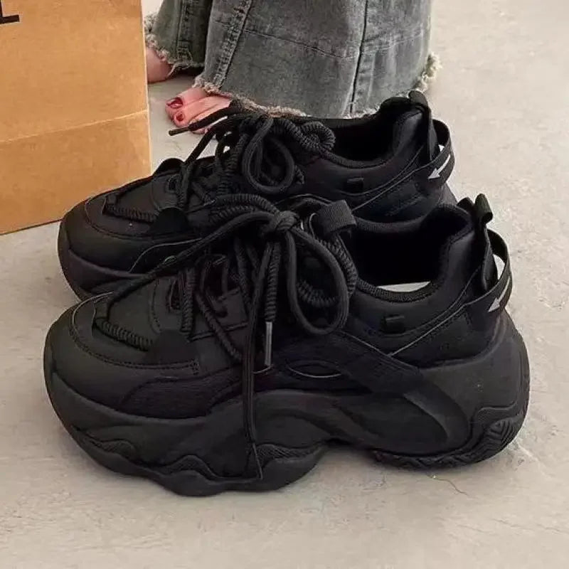 High Platform Sneakers Women Leather Dad Shoes Women Black Chunky Sneakers Thick Sole Shoes 2025 Fashion Height Increasing Shoes