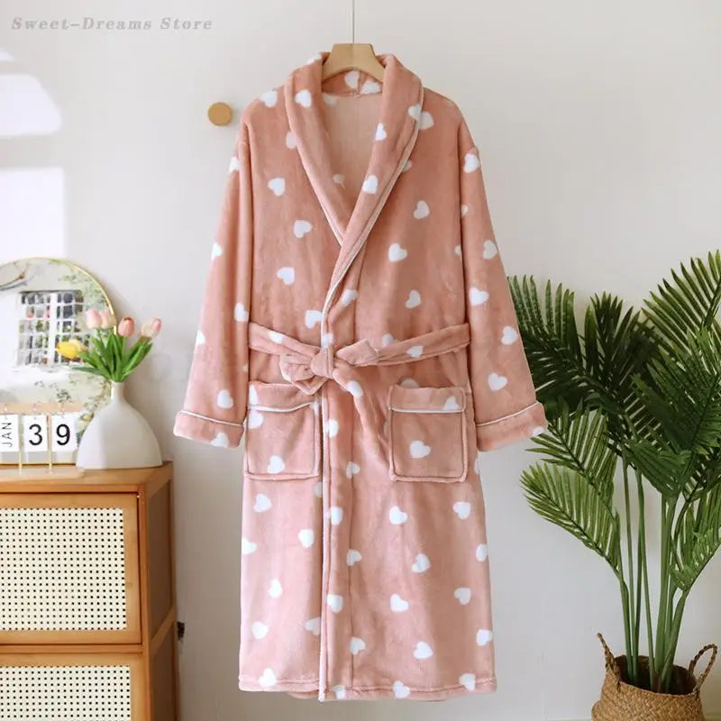 Autumn Winter Female Robe Thicken Flannel Bathrobe Kimono Sleepwear with Pocket Cute Print Sweet Heart Home Dress Lounge Wear
