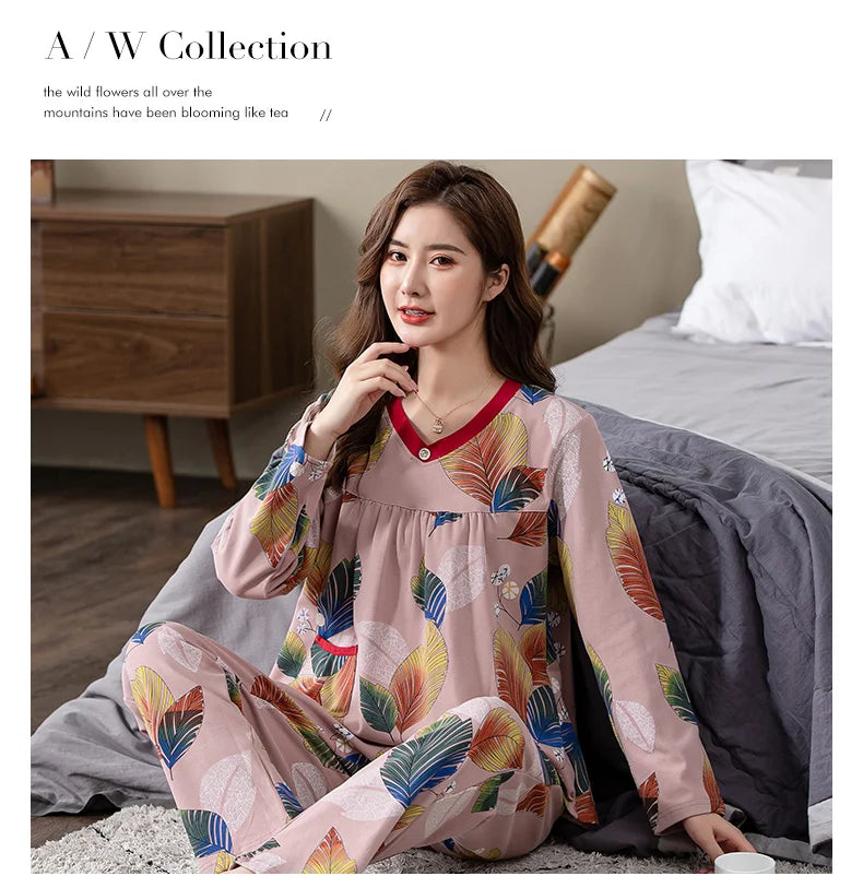 Pajamas Sets Women Floral Cotton Fashion Lace Women Long Sleeve Sleepwear Suit 2 piece Sexy Autumn Home Lounge Gift XXXXL