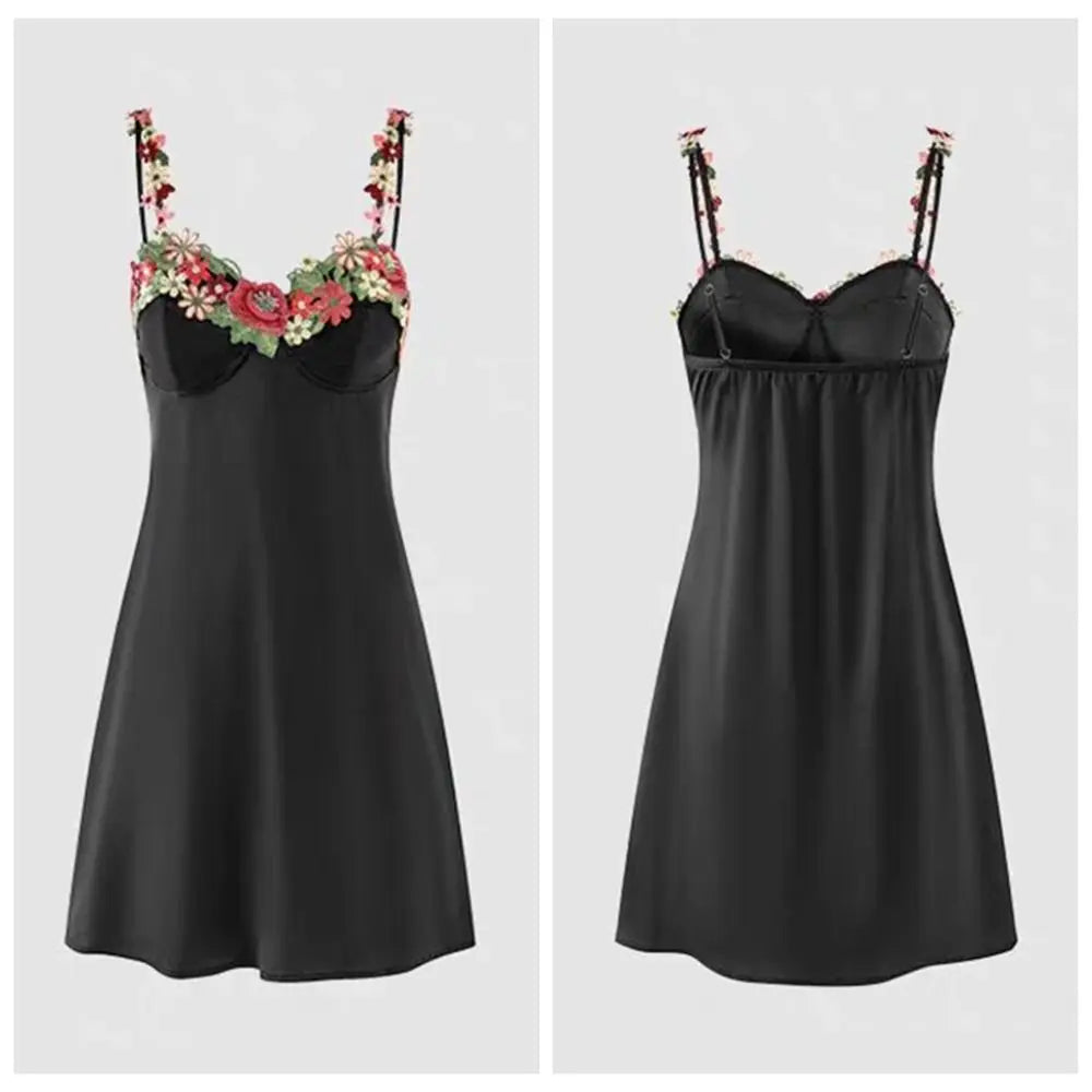 Flower Embroidery Women's Pajama Dress Sleeveless Thin Satin Silk Suspender Nightdress Sleepwear Beauty Back