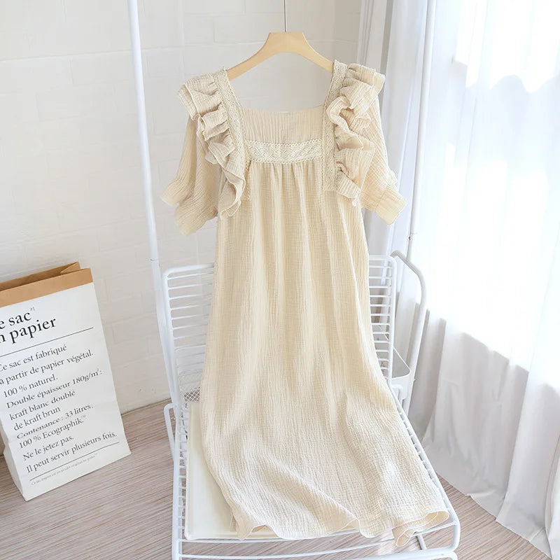 Summer New Ladies Nightdress 100% Cotton Crepe Lotus Leaf Sleeve Long Dress Palace Style Short Sleeve Nightdress Home Skirt