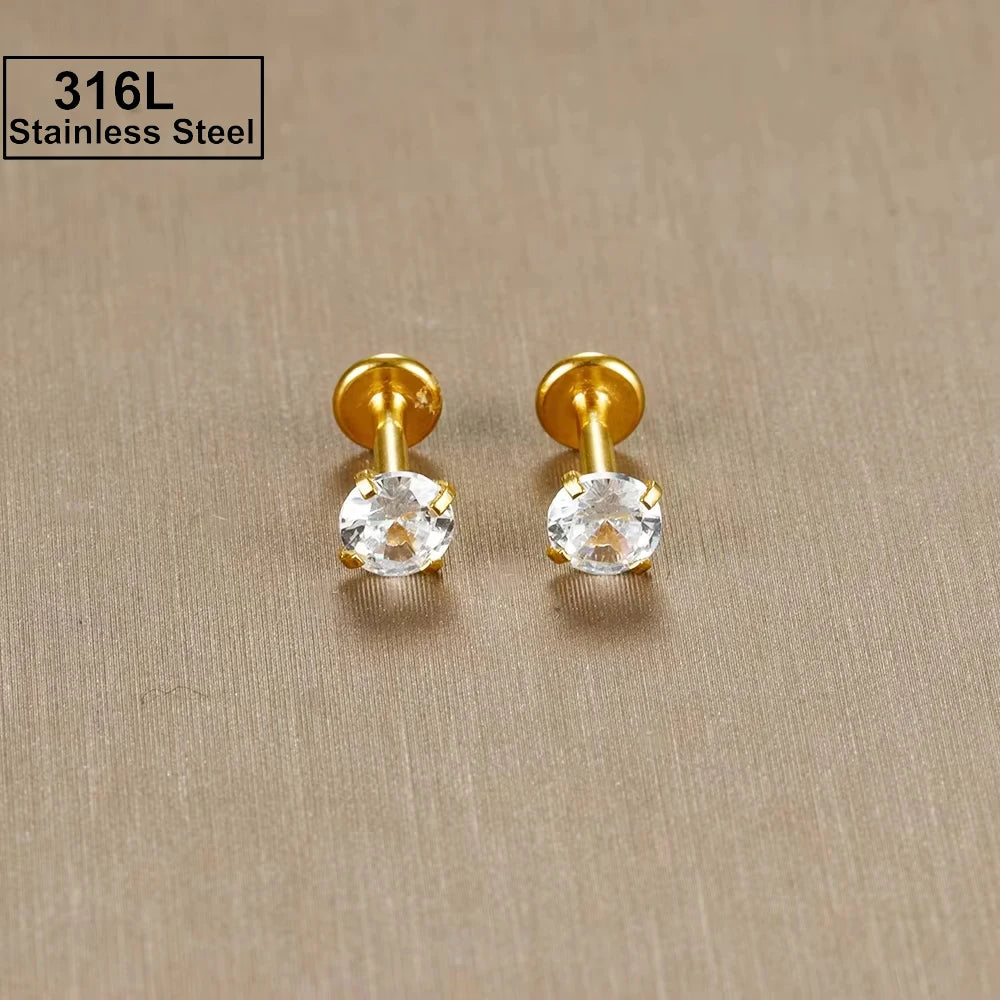 2PC Labret Tragus Stud Earrings 16G Surgical Stainless Steel CZ Crystal Monroe Helix Cartialge Conch Medusa Lip Body Piercing