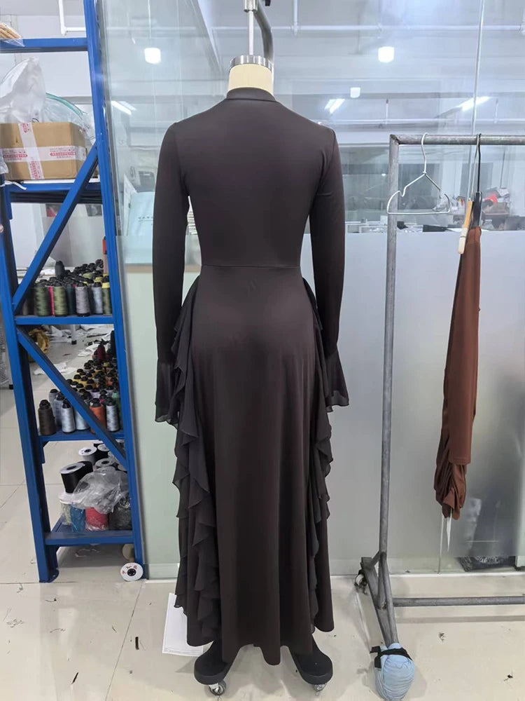 2025 European and American Women's Elegant Casual High-Waisted Solid-Colour Bell-Sleeve Dress Long Dress with Long Sleeves