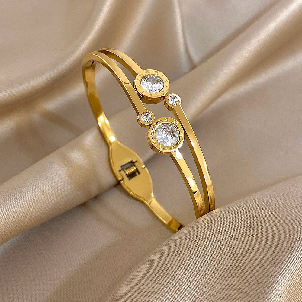 New Stainless Steel Waterproof Cuff Bracelet Bangle For Women Exquisite Shiny Inlaid Zircon Geometric Stacked Jewelry Gifts