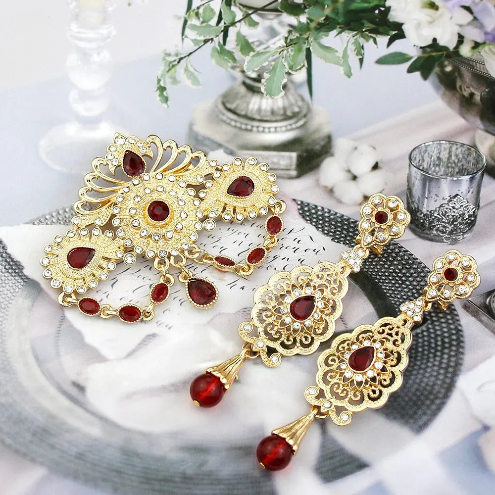 Elegent Arabic Morocco Women Hollow Filigree Brooch Drop Earring Sets Gold Color Bridal Wedding Jewelry Crystal Bijoux