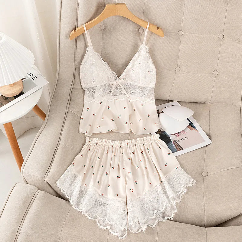 Sexy Suspender Pajamas Set Sleepwear Print Flower Lace Trim Sleepwear Intimate Lingerie Summer New Silk Satin Nightwear Homewear