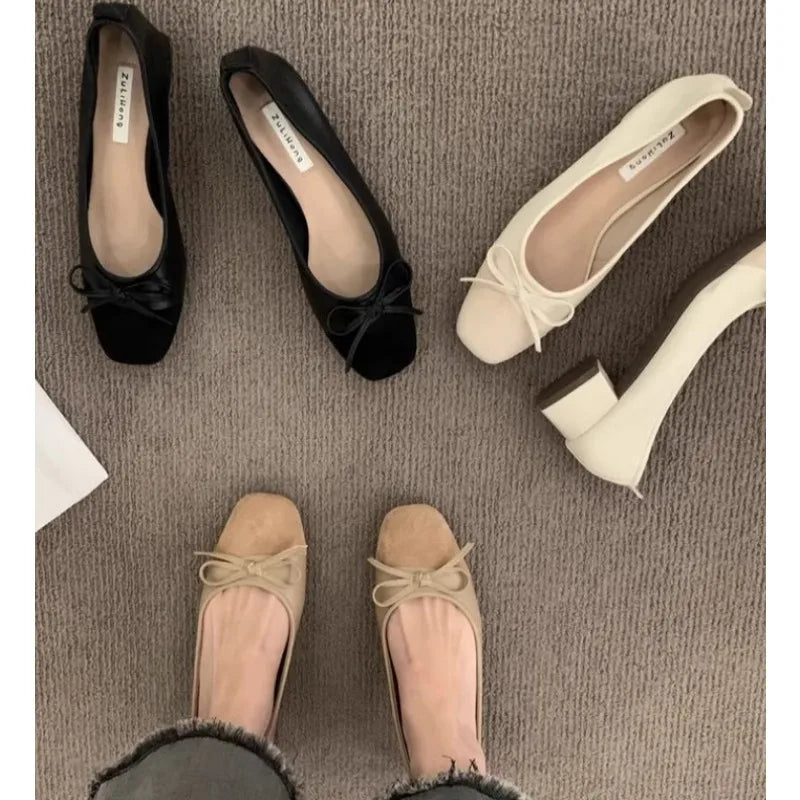 New Women Cute Ballerina Low Heel Shoes Lady Slipony Butterfly Knot Vintage Kawaii Mocasines Loafers Girl Lolita Mom Shoes